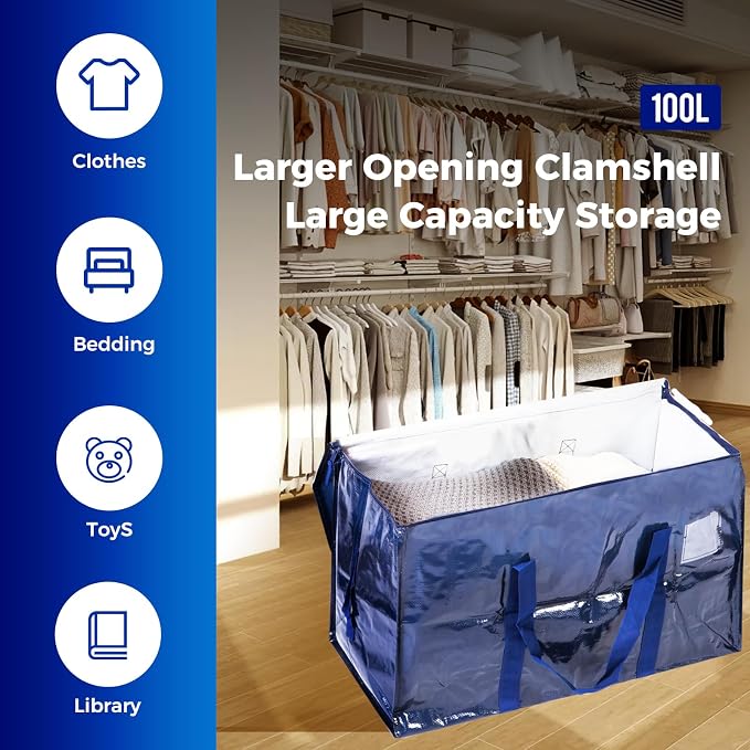 93L Moving Bags 6 pack Storage Bag Large Moving Boxes with Lids, Zippers Handles for Moving Totes Bins, College Dorm, Traveling, Camping, Christmas