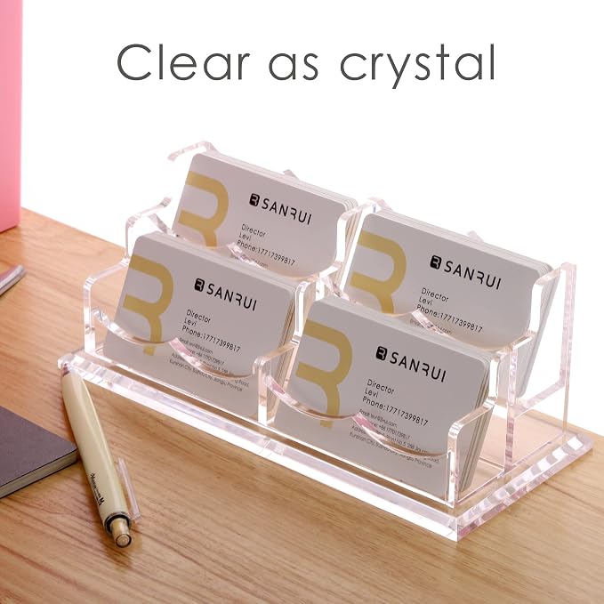 SANRUI Clear Horizontal Business Card Holder Stand for Desk, Acrylic Desktop Display Name Cards Holders Organizer Storage Rack,for Exhibition, Home, Office,2 Tier 4 Pocket, 240 Card Capacity