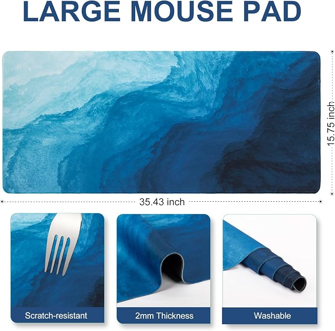 L-SPOUTTO Blue Desk Mat Gaming Mouse Pad XXL Large Mouse Pad Non-Slip Rubber Base Keyboard Pad Waterproof Desktop Mat for Laptop Computer Work Game Home Office-Blue Wave