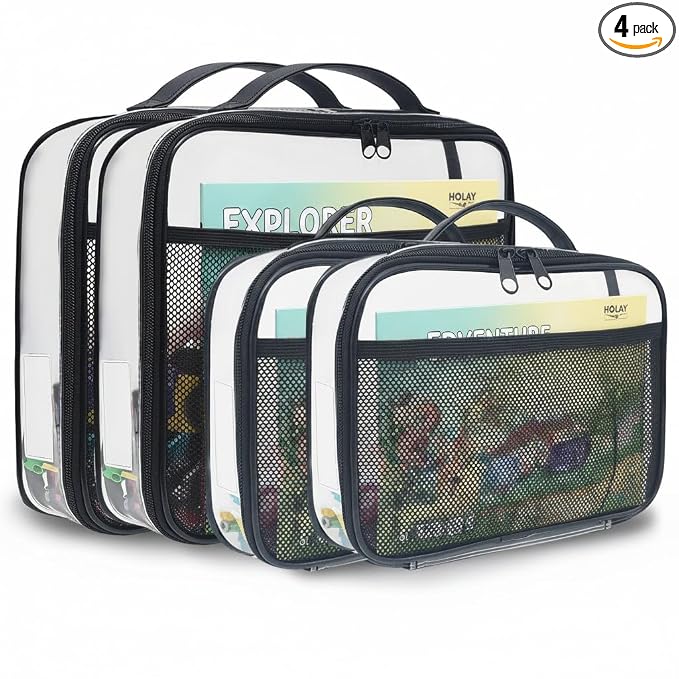 holay 4 Packs PVC Toy Storage Organizer with Zipper, Name Tag & Manual Pocket, Clear Durable Case for Blocks, Clay, Board Games, Travel (Black, Small, Large)