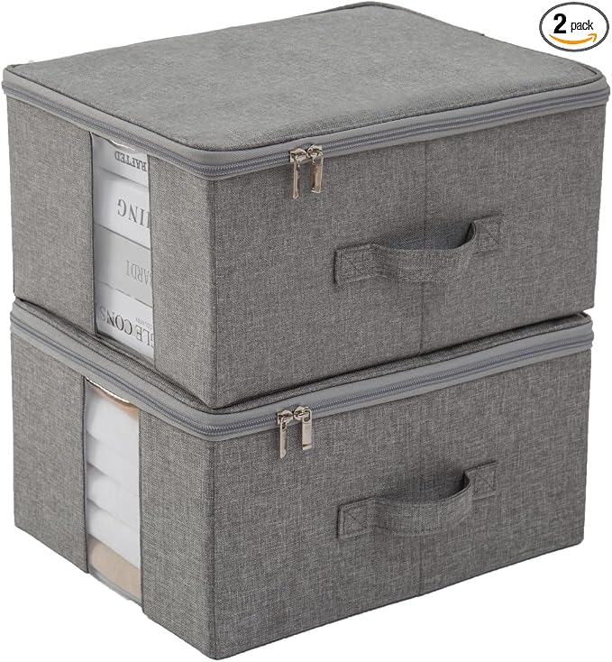 Under Bed Storage with Clear window/ 600D Sturdy Fabric, Underbed Storage Containers Bags for Clothes, Clothing, Blanket, Comforters Organizer (M（13.7x11x7in） for 8-10 T shirts, Light grey)