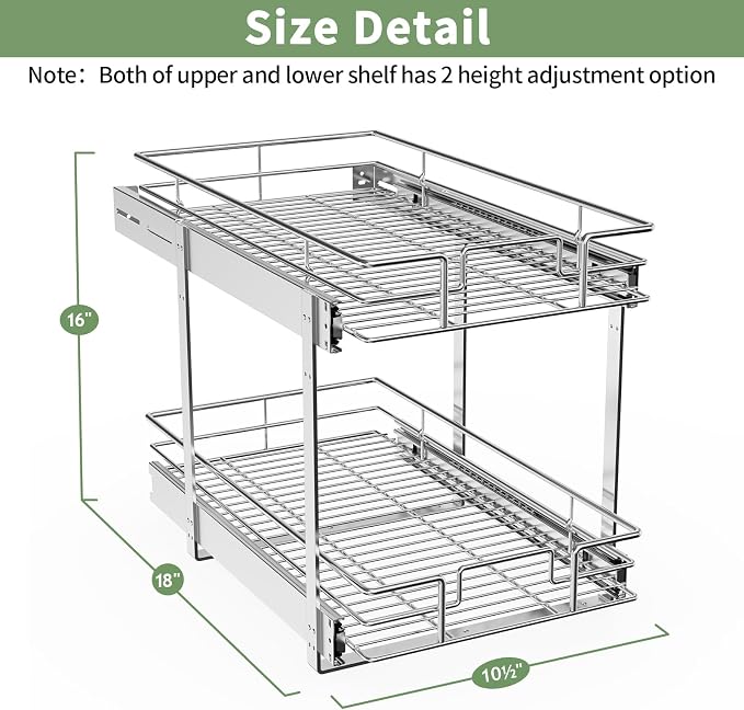 ROOMTEC Pull Out Cabinet Organizer (11" W x 18" D),2 Tier Pull Out Storage Shelf Drawer Basket,Sliding Shelves for Base Cabinet Organization in Kitchen, Bathroom, Pantry