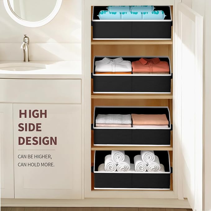 Homsorout Storage Bins for Shelves - Large Trapezoid Closet Shelf Organizer, Fabric Organization Bins with Handles, Storage Baskets for Clothes, Towel, Blanket, 6 Pack, Black
