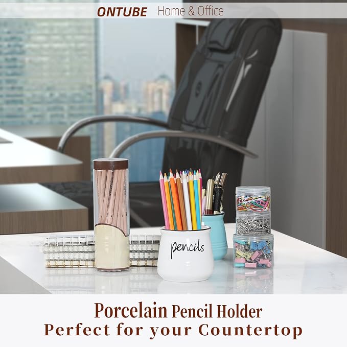 ONTUBE Porcelain Pencils Holder Stand,Ceramic Pens Holder (White)