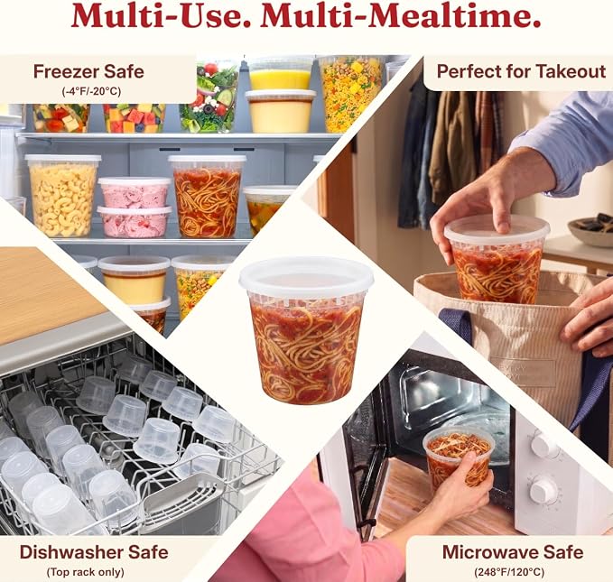 24oz Deli Containers with Lids (48 Set/96 Pcs) Food Storage Containers, Freezer Microwave Safe, BPA-Free Plastic, Stackable Snack Airtight Soup Leakproof Leftover Organizers & To-Go