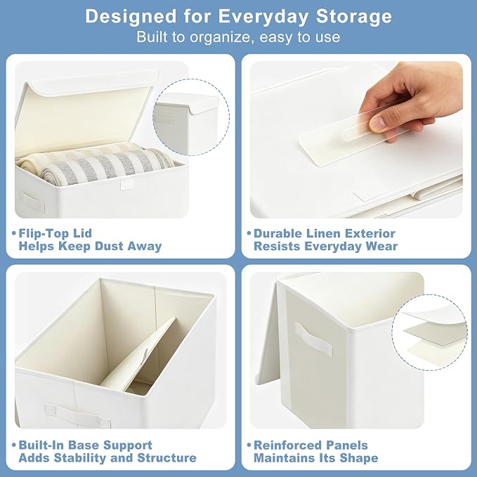 Bagnizer Large 22 Quart Linen Fabric Foldable Storage Bin Cube Organizer Basket with Flip-Top Lid & Handles, Clothes Blanket Box for Home, Office, Closet, White, 4 Pack 14.6 x 9.5 x 9.5”