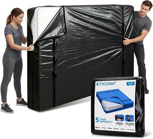 TICONN Mattress Bags for Moving, Heavy Duty Full Mattress Cover Storage Bag with Full-Around Handle and Adjustable Buckles (Black, Full)