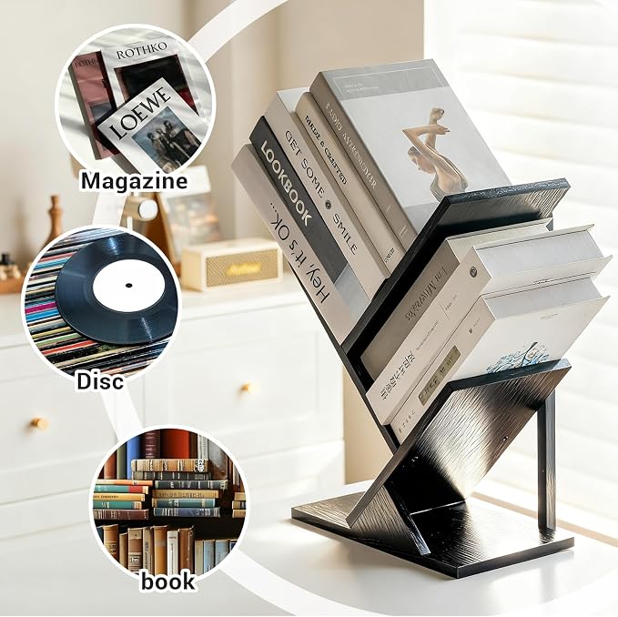 3 Tier Small Tree Bookshelf Black Floating Book Shelves for Wall, Unique Hanging Bookshelf Small for CDs/Magazine/Books Display, Desktop shelf Floor Standing Mini Bookcase for Bedroom, Living Room