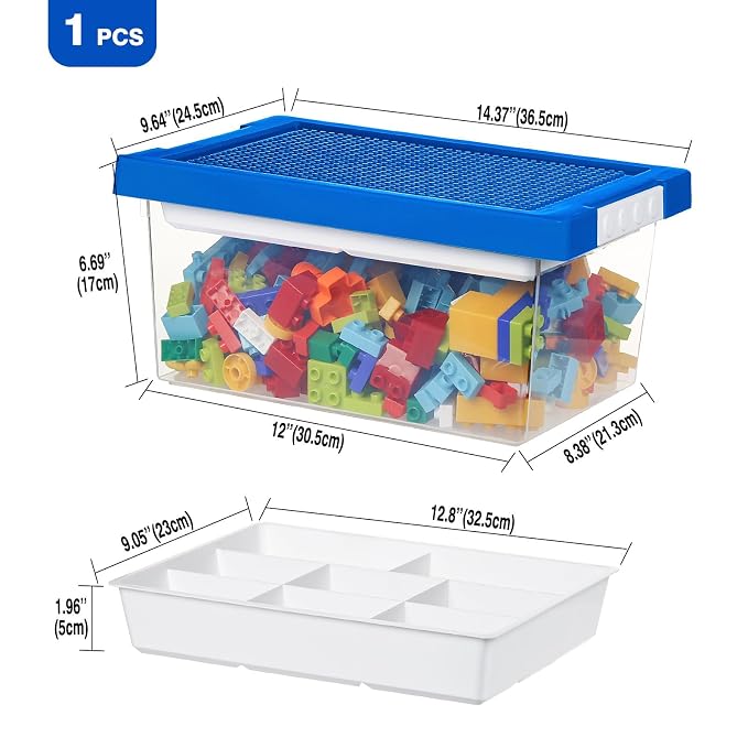 Plastic Storage Bins with Lids - 1 Set Stackable Arts Crafts Organizer Box with Removable Divided Tray &Compatible Building Baseplate,Toy Chest Containers for Bricks -Blue(14.37"x9.64"x6.69")