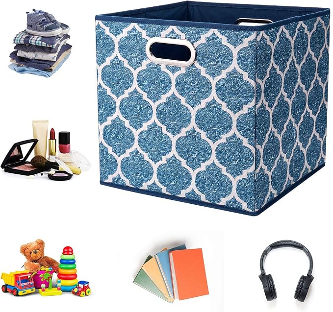 Cloth Storage Bins Set of 4 Thick Fabric Drawers Foldable Cubes Basket Organizer Container with Dual Metal Handles for Shelf Cabinet Bookcase Boxes Navy-Blue 13x13x13 inch