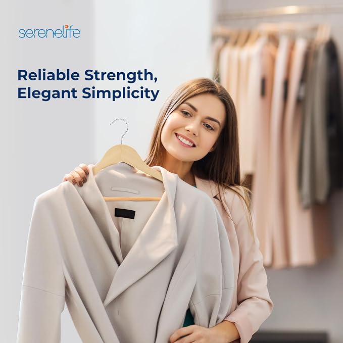 SereneLife Solid Wooden Hangers, Mega Pack, 80 Pieces Hangers for Clothes, Heavy Duty Suit Hanger Set with Chrome 360 Degree Swivel Hook, Notched Design, Natural Wood Color