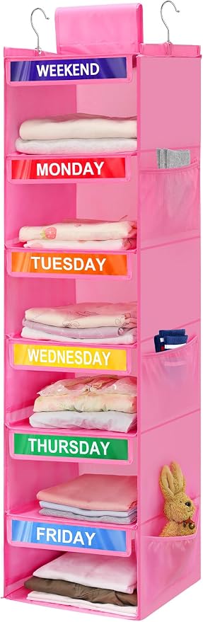 6-Shelf Weekly Clothes Organizer for Kids, Hanging Daily Closet Organization with 6 Side Pockets, Days of The Week Clothing Divider Storage for Boys and Girls (Pink)