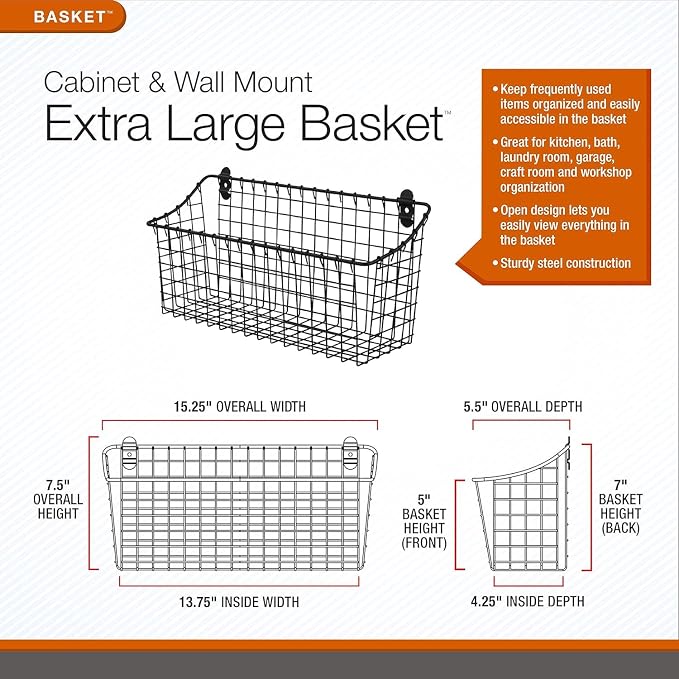 Spectrum Extra Large Wire Wall Mount Storage Basket Industrial Gray, Vintage Wire Basket Wall Mount Organizer Modern for Pantry Kitchen and Bath, Versatile Wall Mount Storage Basket Wire Caddy
