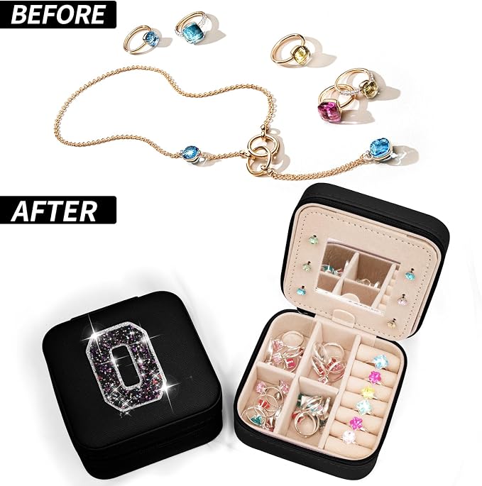 Uygafly Personalized Jewelry Case for Women Girls - Fashion Mini Jewelry Boxes - Trendy Travel Jewelry Organizer with Initials Letter - Teen Gifts | Black,O