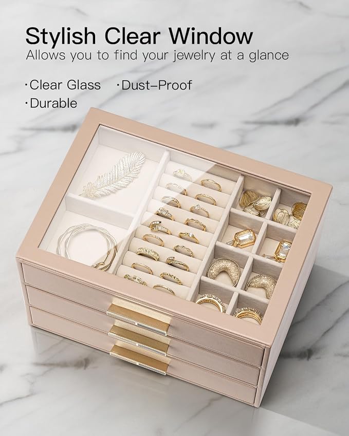 VLANDO 3 Layer Jewelry Box for Women, Glass Lid Jewelry Organizer with 3 Drawers for Necklaces Rings Earrings Bracelets - Toffee