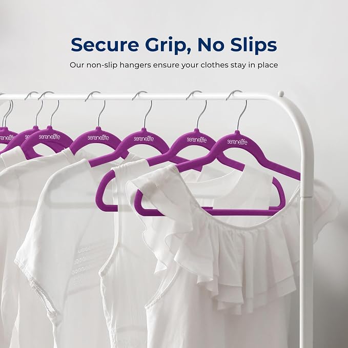 SereneLife Velvet Hangers – 150 Pack, Slim & Space Saving for Closets | Soft velvet grip prevents slipping on silk, satin & knitwear – 360° swivel hook fits all standard closet rods