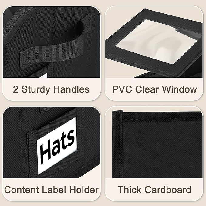 Dofilachy 2 Pack Stackable Hat Storage for Baseball Caps, Holds 28 Caps - Closet Organizer Box with Clear Window & Cardboard，Sturdy Snapback Hat Boxes for Home Storage (dark, 2)