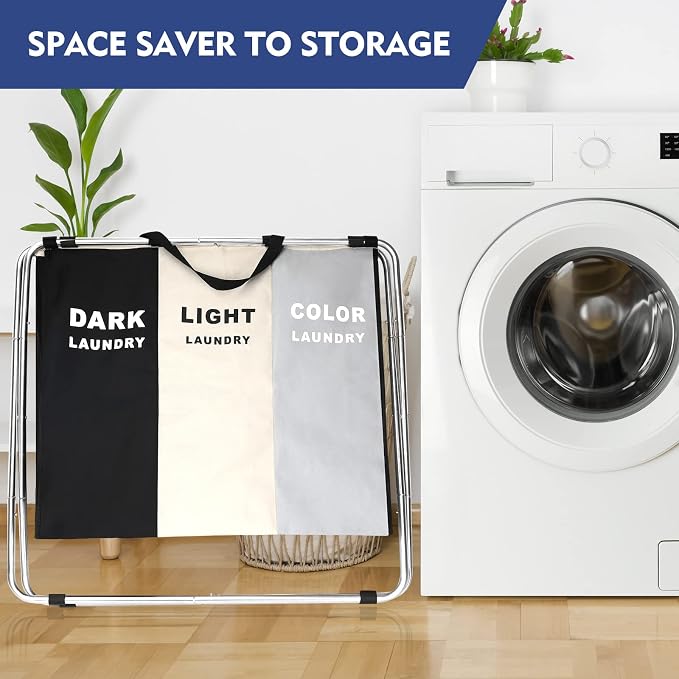 135L Laundry Cloth Hamper Sorter Basket Bin Foldable 3 Sections with Aluminum Frame 26''×24''H Washing Storage Dirty Clothes Bag for Bathroom Bedroom Home Storage Basket (Black+light grey+dark grey, 3