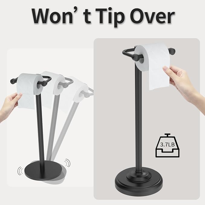 Toilet Paper Holder Stand, Matte Black Toilet Paper Holder Free Standing,Post Pivoting Design & Stable Weighted Base SUS304 Stainless Steel for Bathroom