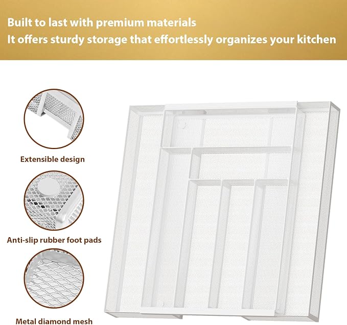 Sedegn Expandable Kitchen Utensil Organizer - 11.6" to 20" Adjustable Cutlery Tray with 6-8 Compartments - Fits Various Drawer Sizes & Holds Large Ladles Spatulas Forks Spoons & Knives White