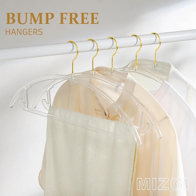 MIZGI Premium Clear Hangers (Pack of 50) Heavyduty-Acrylic No Shoulder Bump Suit Hangers - Space Saving Clothes Hangers,Rounded Hanger for Coat,Sweater,Jackets,Pants