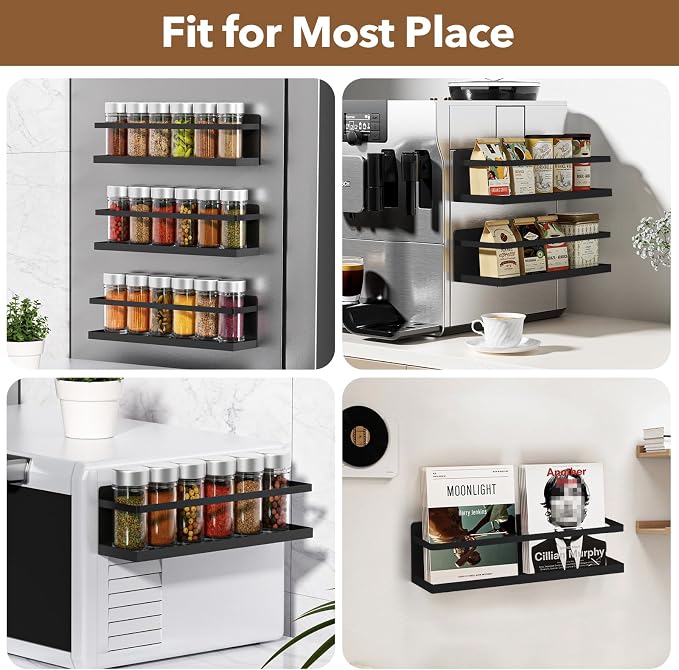 VANPET Magnetic Spice Rack for Refrigerator, Magnetic Fridge Shelf for Kitchen Spice Organizer, Spice Rack Wall Mount, Fridge Organizers and Storage (4, Black)