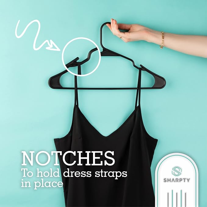 Sharpty Plastic Hangers Clothes Hangers for Clothing, Closet, Coats & Shirts - Notched, Durable, Thick, Tough & Space Saving - for Everyday Standard Use, Room Essentials & Basics - 20 Pack - Black