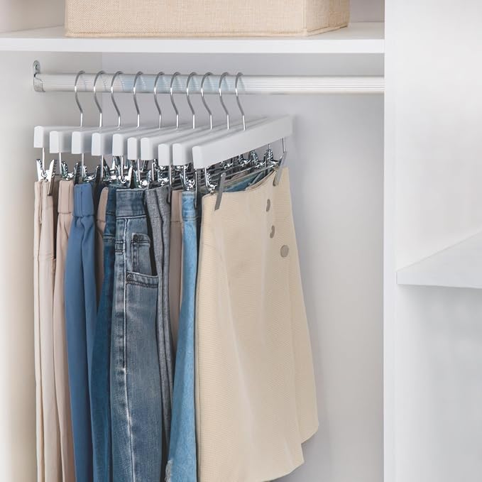 Nature Smile Deluxe Wooden Pants Hangers, Solid Lotus Wood, with Clips, Pack of 28, White