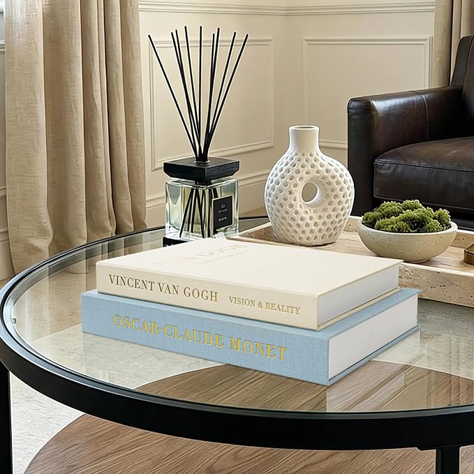 Decorative Books for Home Decor, Modern Fake Books Storage Boxes | Set of 2 Linen Coffee Table Books with Hidden Storage, Stackable Photo Keepsake Box for Living Room Bookshelf Decor, Blue