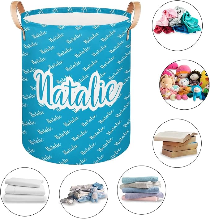 Personalized Laundry Basket, Custom Gift Laundry Hamper, Collapsible Nursery Waterproof Laundry Baskets, Dirty Clothes Toy Hamper with Handles Name Blue