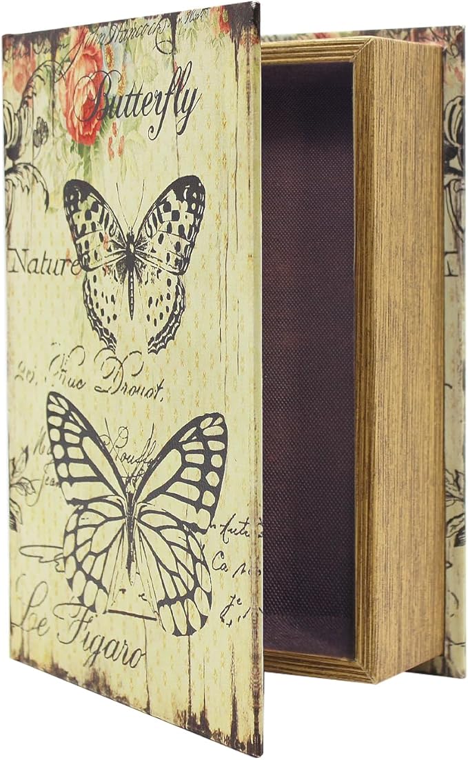 PACOLO Decorative Book Boxes, Faux Wood cover Storage for Hidden Jewelry, Money, and Cash (Butterfly)
