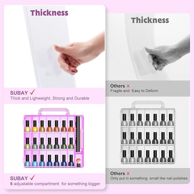 SUBAY 2 Pcs Portable Nail Polish Organizer, Clear Double Side Nail Polish Holder,Gel Nail Storage for 48 Bottles with 6 Adjustable Dividers in Each Side Space Saver Pink