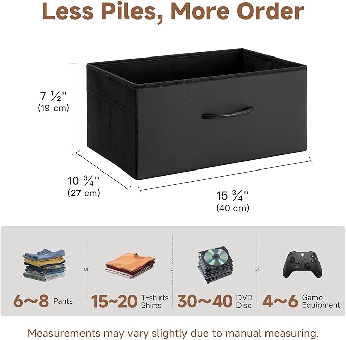 StorageWorks Black Storage Bins, Leather Front Fabric Storage Bins with Handles, Closet Organizers and Storage Bins, Organizer Baskets for Shelves, Collapsible Storage Baskets, Large, 4-Pack