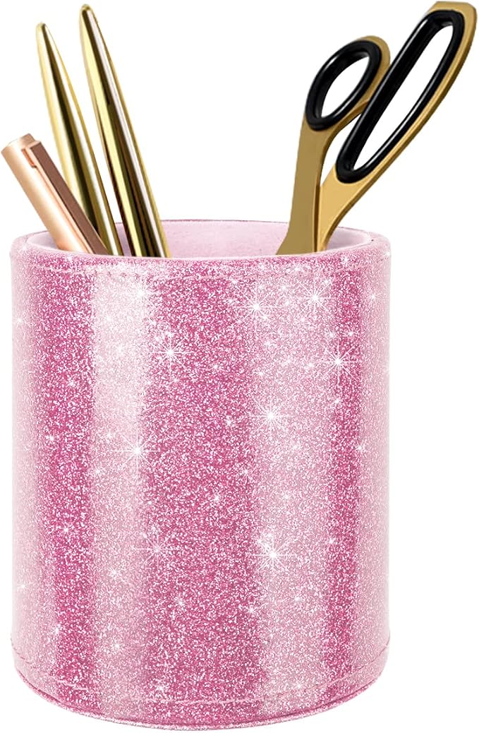 Glitter Pen Holder for Desk, Cute Pencil Cup Pink for Women Girls, Luxury Makeup Brush Holder Large Pu Leather Multi-Functional Organizer Cup for Office, Classroom, Home, Glitter Pink