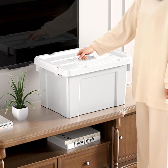 Cetomo Lidded Storage Bin with Handle, Tote Organizing Container with Durable Lid and Secure Latching Buckles, Stackable and Nestable, Plastic, 25 Quart-4 Pack, Gray