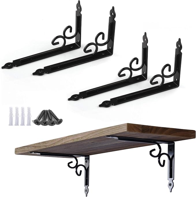 OVOV Shelf Brackets 4 Pcs Heavy Duty Decorative 10 Inch Black Right Angle Shelving Brackets Wall Mounted Shelf Supports for DIY Home Kitchen Living Room