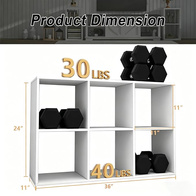 6 Cube Shelf Bookcase, White, 11in | Anti-Tipping Kits, Reversible Open Back, Multi Layer Multi Grid Partition Layout