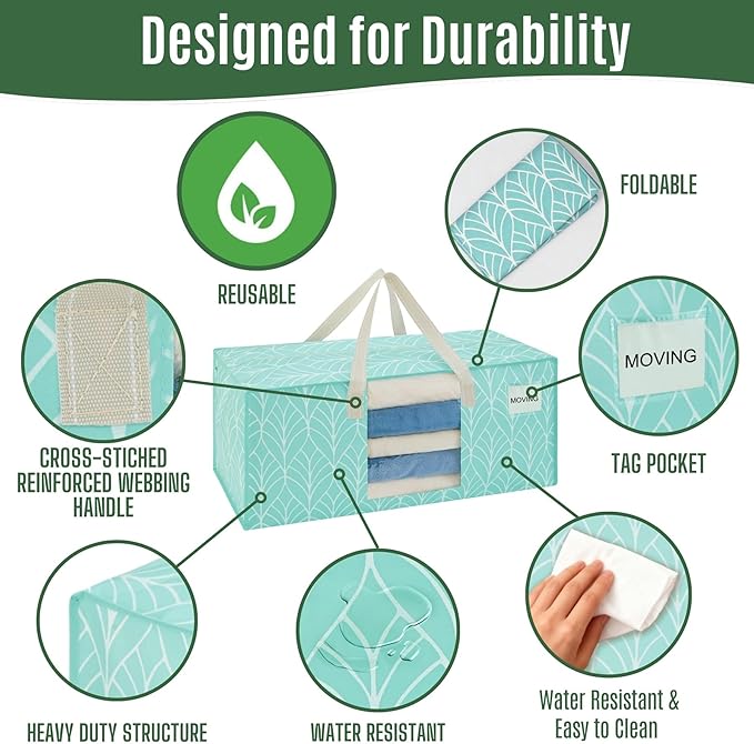 VENO 6 Pack Heavy Duty Moving Bags, Packing Bags with Clear Window, Alternative to Moving Boxes, Storage Bins for Clothes, Blankets, Comforters, College Dorm Essentials (Evergreen, 6 Pack)