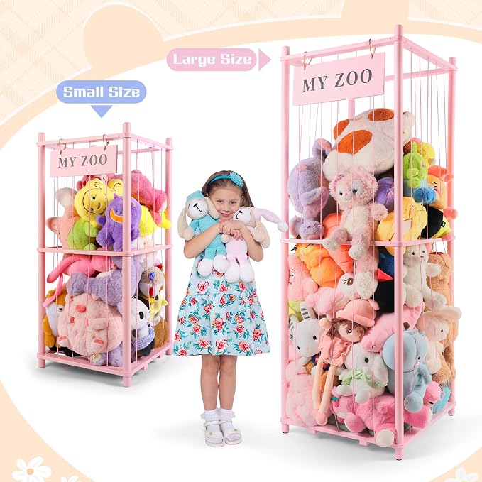 GLDZI Stuffed Animal Storage Zoo, Wooden Stuffed Animal Organizer with Elastic Cords for Boys Girls, Space Saving Toy Plushies Storage Holder for Playroom, Bedroom, Living Room (Pink, Small)