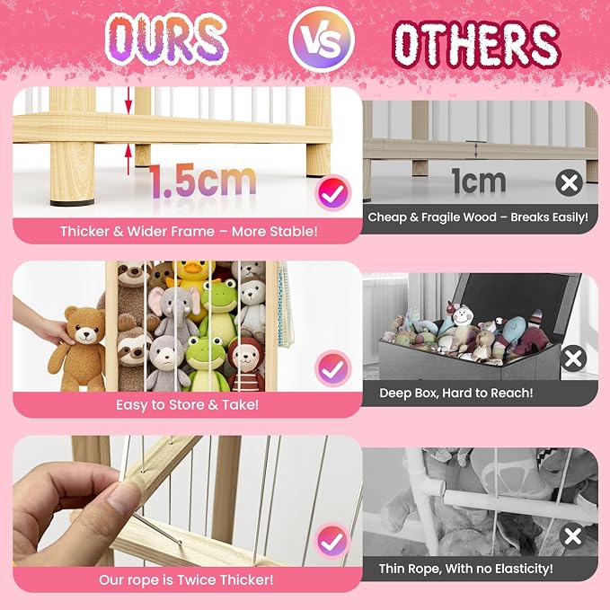 Stuffed Animal Storage - Large Wooden Toy Storage Organizer with 1 Removable Hanging Storage Net, Plush Toy Organizer for Kids' Rooms, Bedroom, Playroom or Nurseries