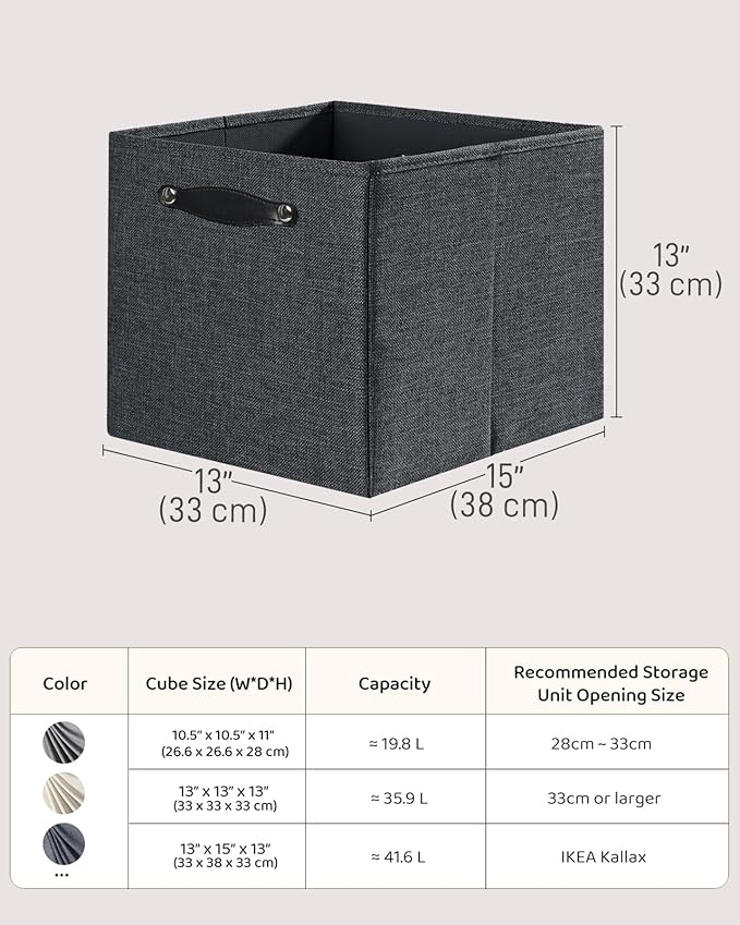 Cube Storage Bins | 13"x15"x13", Graphite Gray, 4 Pack | Multi-Size | 2X Thick Support Board | Vegan Leather Handles | 7.7 oz/yd² Fabric | Drawer Insert Basket Fits KALLAX