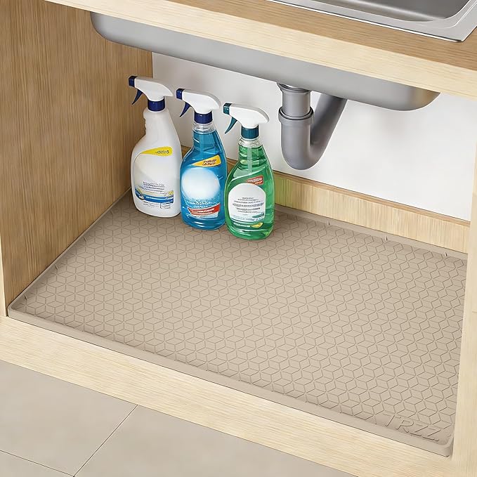 TRZZ Silicone Waterproof Under Sink Mat 34" x 22", Drip Tray and Cabinet Liner for Kitchen and Bathroom, Prevents Water Damage and Organizes Cabinets (Khaki)