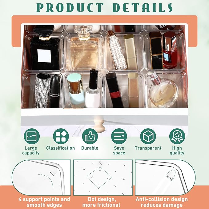 Tioncy 24 Pcs Stackable Clear Drawer Organizer Set 3" x 3" x 2" Small Makeup Vanity Storage Bins Office Desk Drawer Dividers Container Organization for Makeup Vanity Office Bathroom Kitchen Utensil