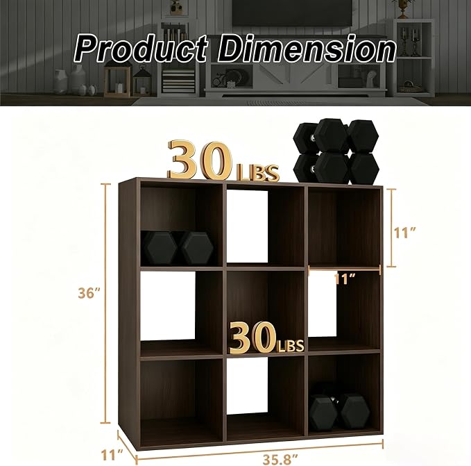 9 Cube Shelf with Anti-Tipping Kits + Reversible Open Back Bookcase, Multi Layer and Multi Grid Partition Layout (Chocolate 11in)