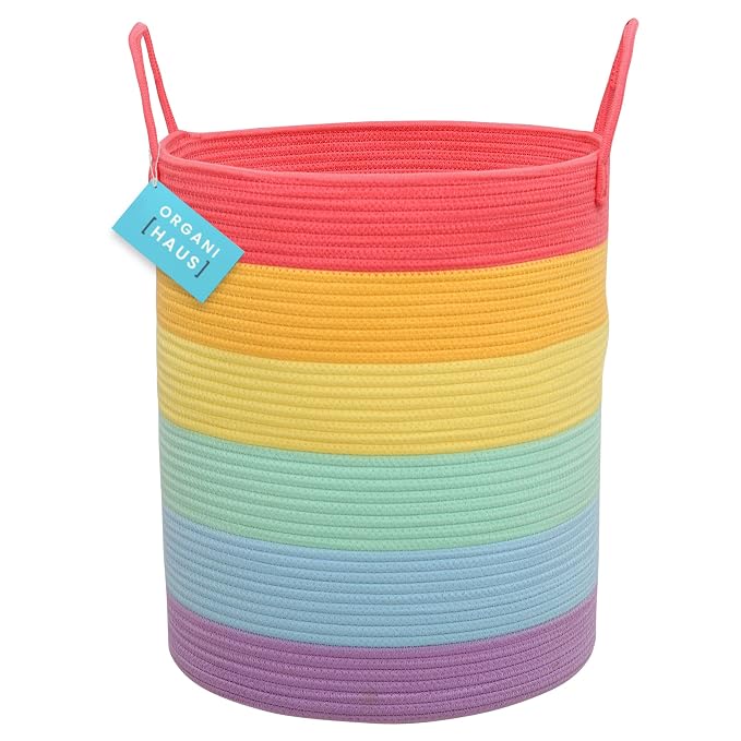 OrganiHaus Rainbow Laundry Basket & Hamper, Nursery Playroom 52L | Rainbow - Rainbow Cotton Rope Hamper, Nursery 52L