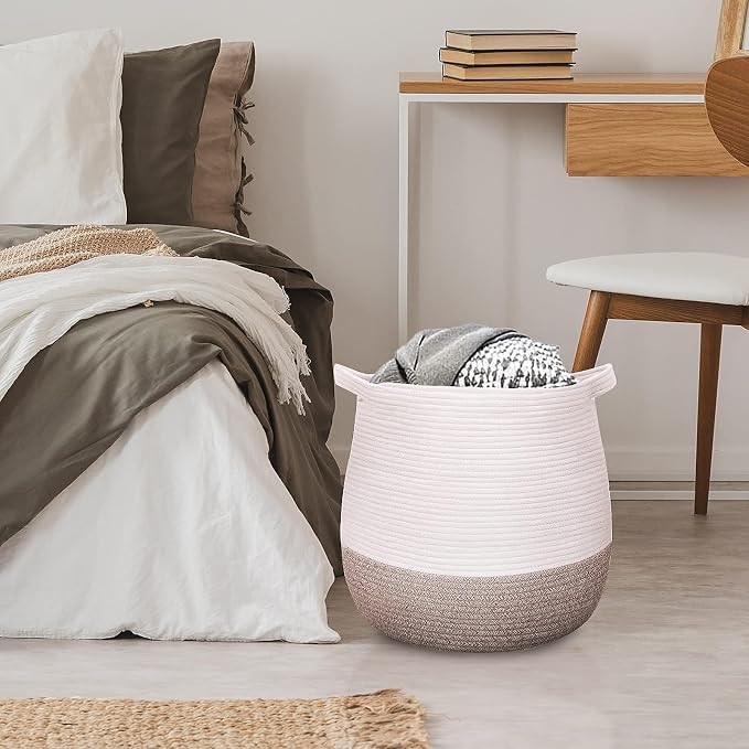 Large Cotton Rope Basket, Woven Storage Basket for Toy, Laundry and Blanket Organizer, Round Hamper Basket with Handles for Kid's Room 17.7"x16.9"