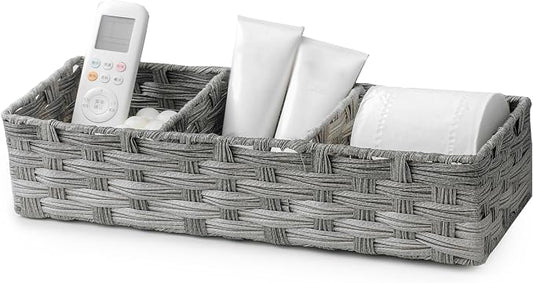 Toilet Tank Topper Paper Basket Multiuse Hand Woven Plastic Wicker Basket Bins with Divider for Shelves Rustic Farmhouse Bathroom Decor Countertop Organizer Storage