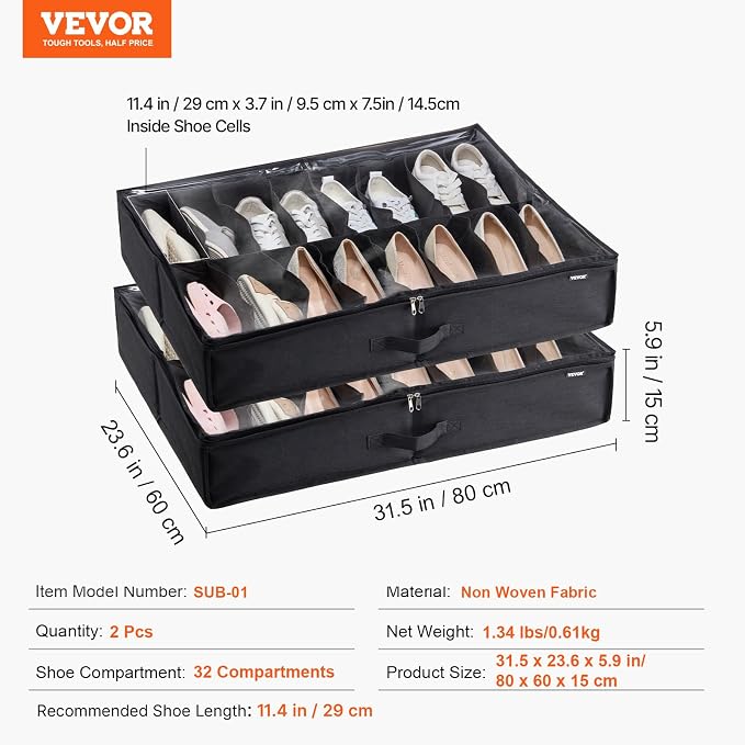 VEVOR Under Bed Shoe Storage Organizer, Set of 2, Total 32 Compartments, Underbed Shoes Closet Storage Solution with Clear Window, Breathable, Foldable Fabric Container Box with Reinforced Handles
