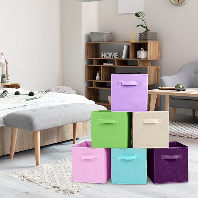 PowerKing Collapsible Storage Cubes with Handles, Fabric Foldable Bins for Closet Shelves, Durable Organization Storage Bins, 10.5'' x 11'' x 10.5'' (6 Colors, 6Pack)