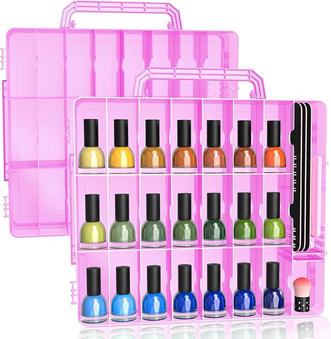 SUBAY 2 Pcs Portable Nail Polish Organizer, Clear Double Side Nail Polish Holder,Gel Nail Storage for 48 Bottles with 6 Adjustable Dividers in Each Side Space Saver Pink